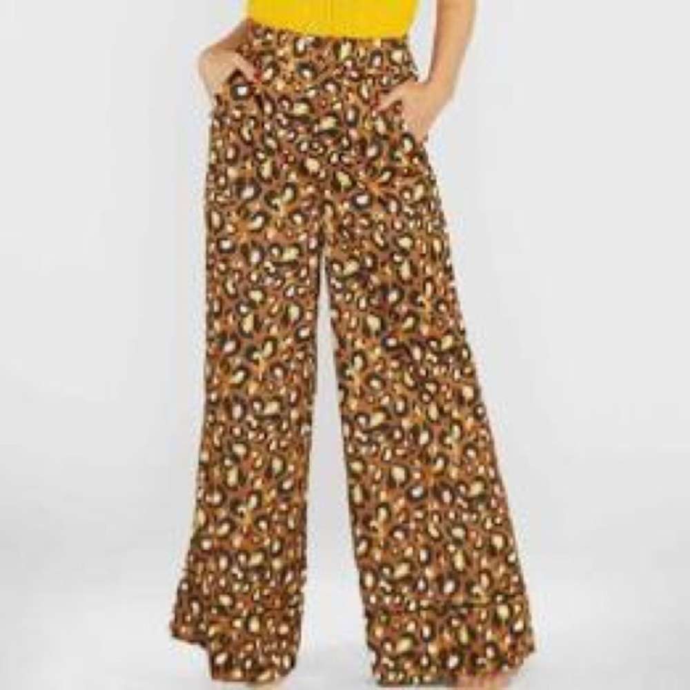 Express LadyGang High Waisted Leopard Satin Wide Leg flare pants